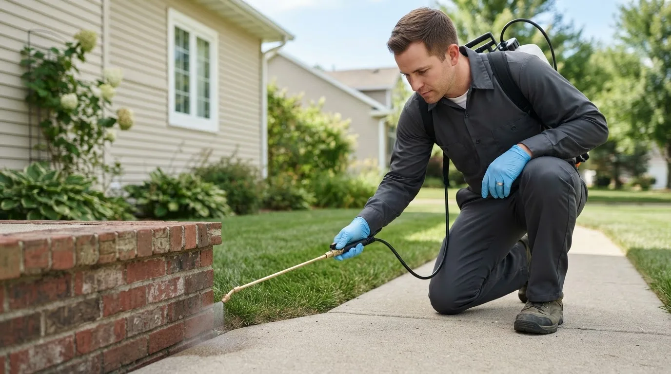 Pest control technician treating a home near Zionville, NC