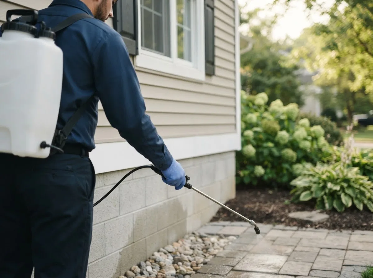 Pest control technician inspecting a home in Zionville, NC